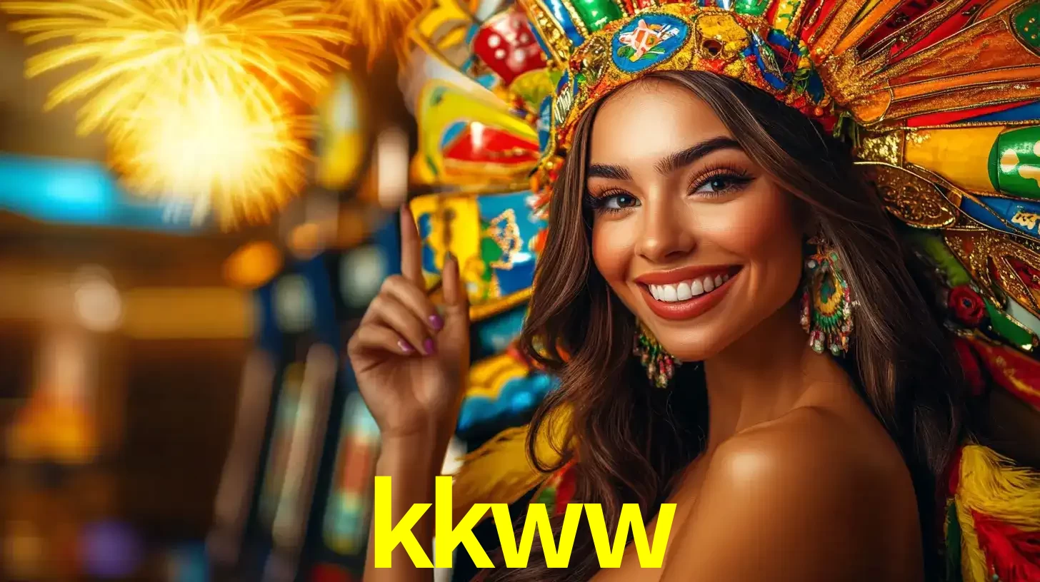 Mulher sorridente com um cocar de carnaval vibrante e colorido, celebrando uma grande vitória nos jogos do cassino kkww com fogos de artifício ao fundo.