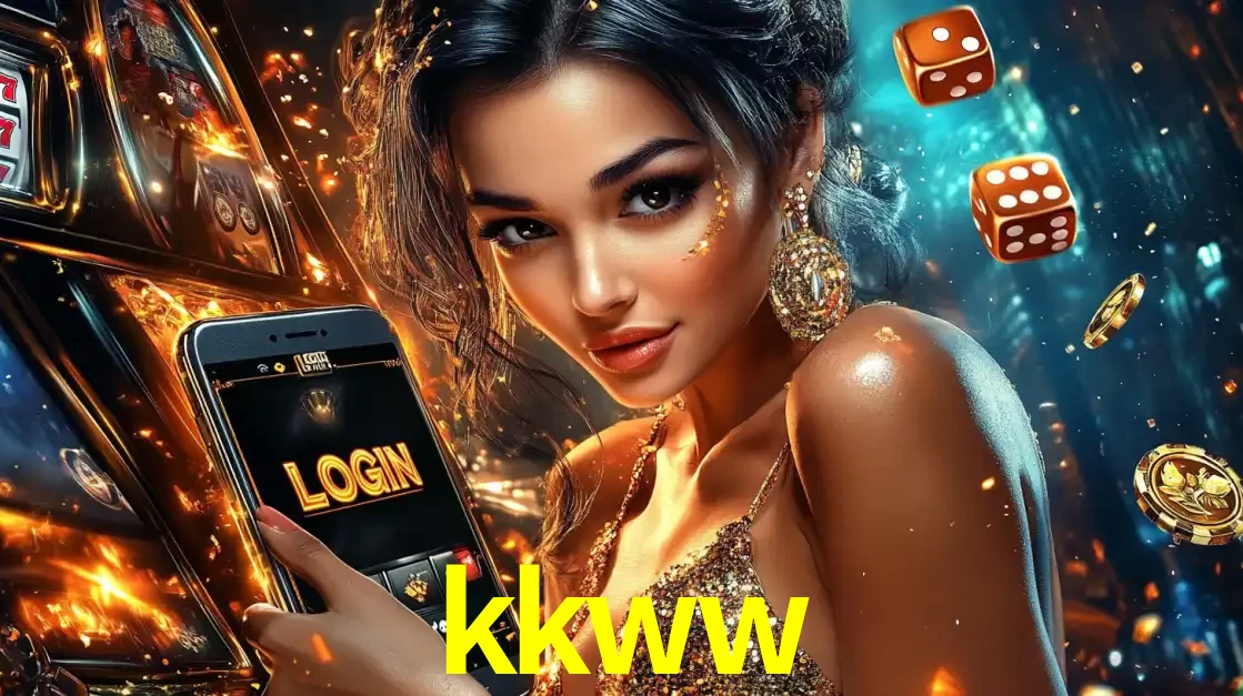 Mulher glamourosa segurando um celular com a tela de login do cassino kkww, rodeada por dados e moedas douradas, pronta para começar a diversão.