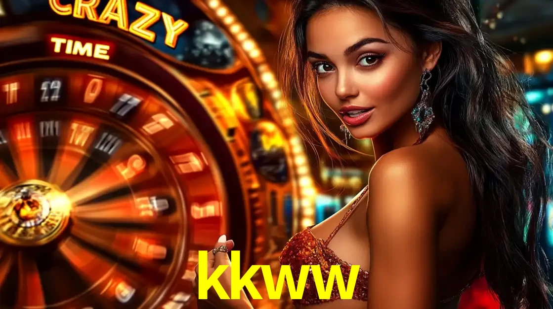 Mulher ao lado da roda de prêmios do jogo de cassino ao vivo Crazy Time, um dos shows de jogos mais emocionantes oferecidos pela plataforma de apostas kkww.