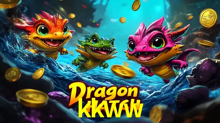 Arte promocional do jogo Dragon Hatch com três adoráveis dragões bebês nadando entre moedas de ouro, um dos slots mais divertidos para jogar no cassino kkww.