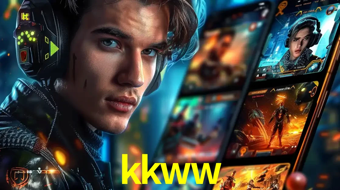 Jovem jogador com fones de ouvido olhando para a câmera, com um aplicativo de jogos e e-sports para celular ao fundo, pronto para a competição e apostas no kkww.