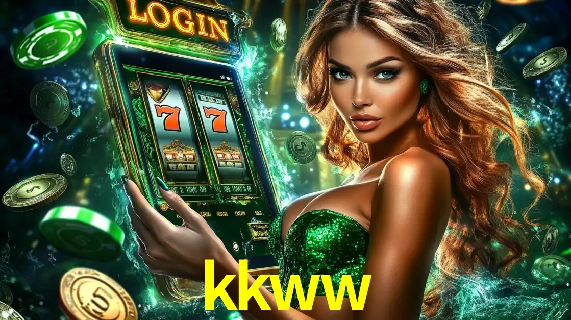 Mulher com tema verde apresentando o aplicativo do cassino kkww com um jogo de slot de 777, cercada por fichas de cassino e uma aura de sorte.
