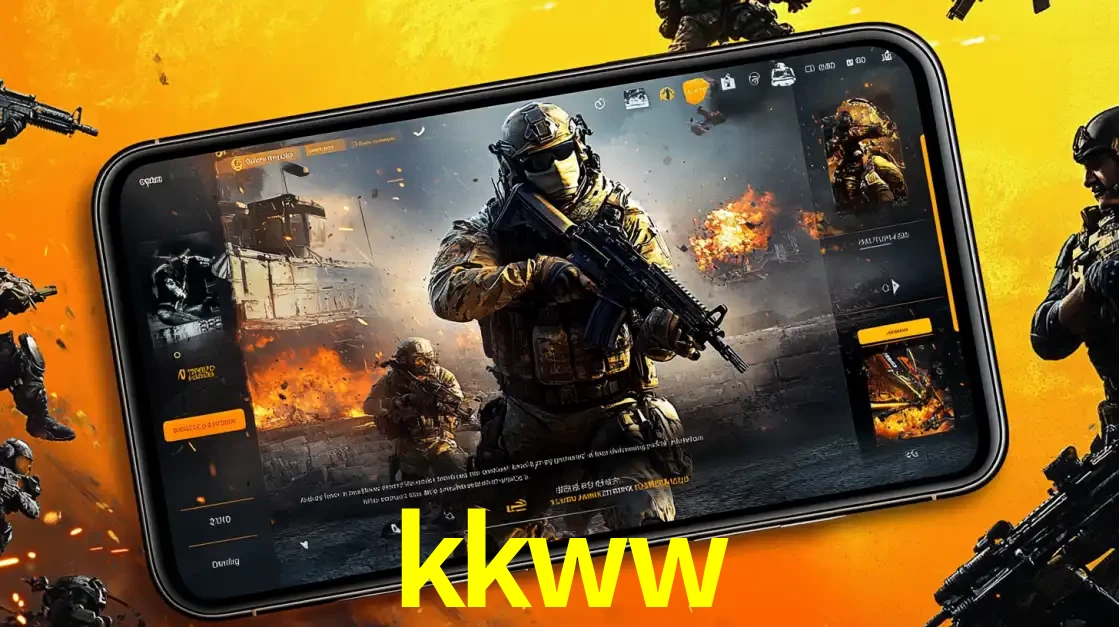 Um smartphone exibindo a interface de um jogo de tiro em primeira pessoa, com um soldado em um cenário de batalha, representando a ação dos e-sports para apostar no kkww.