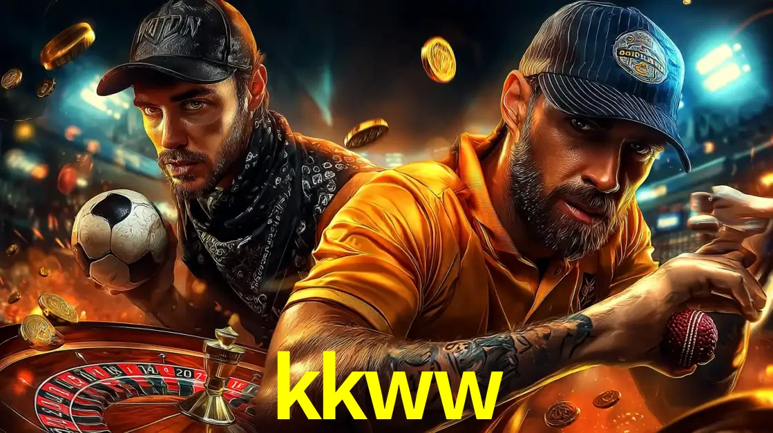 Montagem de apostas esportivas e cassino no kkww, com um homem segurando uma bola de futebol e outro uma de beisebol sobre uma roleta e moedas voadoras.