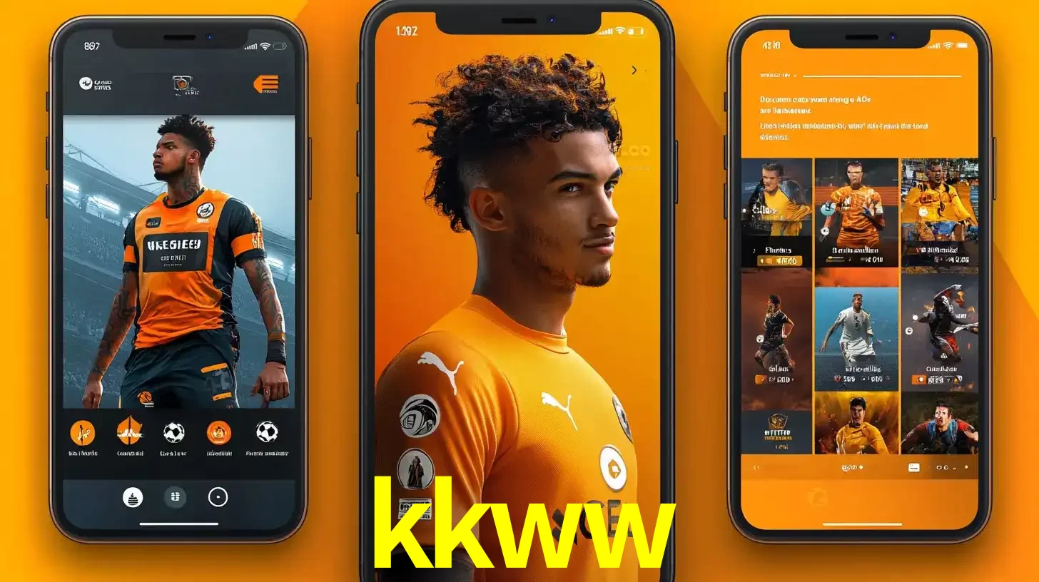 Interface do aplicativo de apostas esportivas kkww em três telas de celular, mostrando o perfil de um jogador de futebol e a lista de jogos disponíveis para apostar.