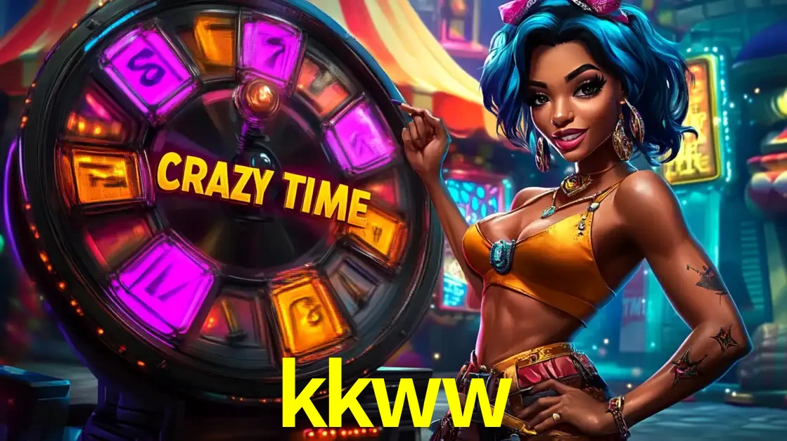 Mulher estilizada com cabelo azul e visual vibrante posando ao lado da roda de prêmios do game show Crazy Time, convidando para a diversão e os bônus do cassino kkww.