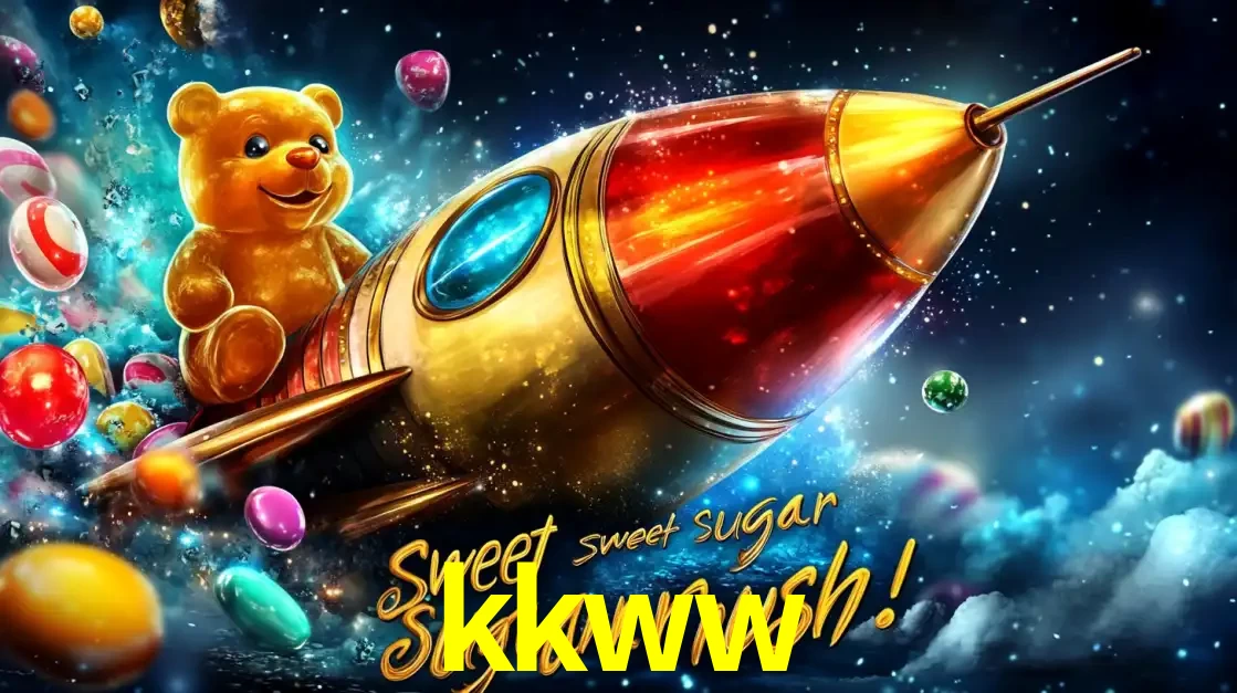 Arte promocional do jogo de slot Sugar Rush, com um urso de pelúcia em um foguete viajando pelo espaço de doces, um dos jogos divertidos disponíveis no cassino kkww.