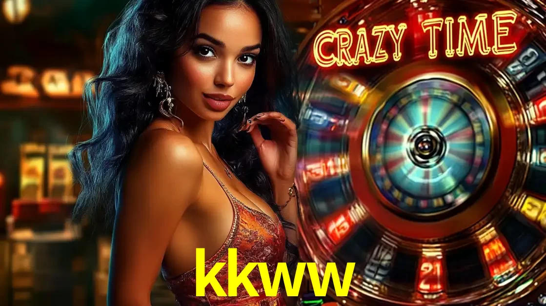 Mulher elegante ao lado da vibrante roda da fortuna do jogo de cassino ao vivo Crazy Time, um dos game shows mais populares e cheios de prêmios do kkww.