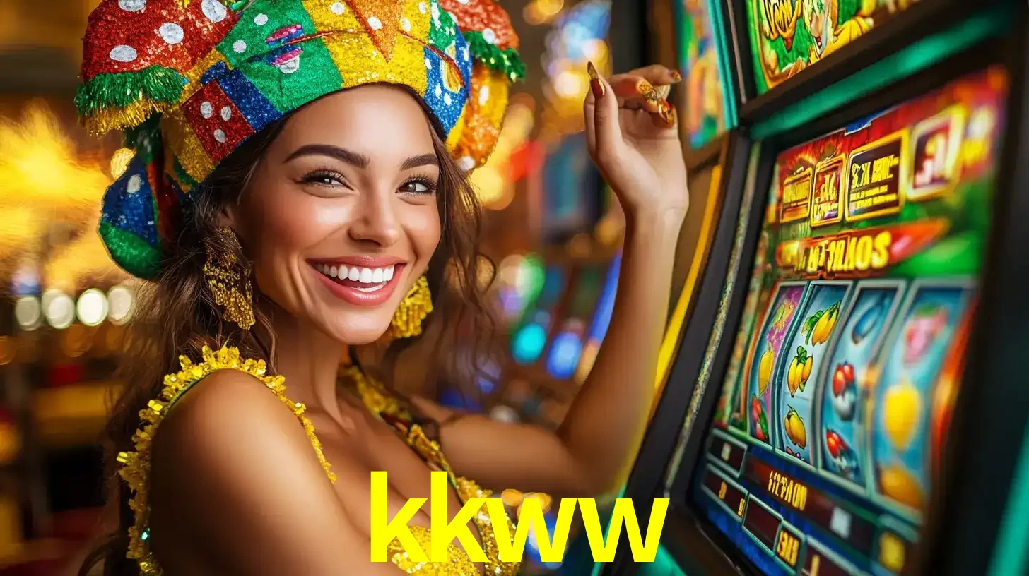 Mulher feliz com traje de carnaval amarelo e colorido ao lado de uma máquina de caça-níqueis, aproveitando a diversão e os jogos temáticos do cassino kkww.