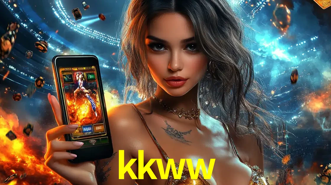 Mulher segurando um celular com um jogo de slot em destaque, tendo como fundo um estádio vibrante, simbolizando a emoção de jogar no cassino móvel kkww.