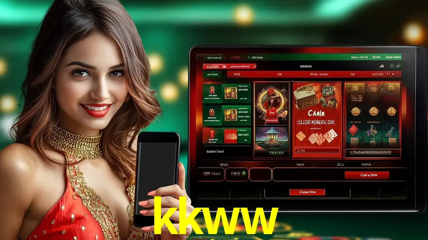 Mulher sorridente segurando um smartphone, ao lado de uma tela exibindo o lobby de jogos do cassino online kkww, com várias opções de jogos de cartas e slots.